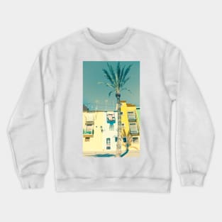 Retro faded image row of pastel colored terrace style traditional Mediterranean homes Crewneck Sweatshirt